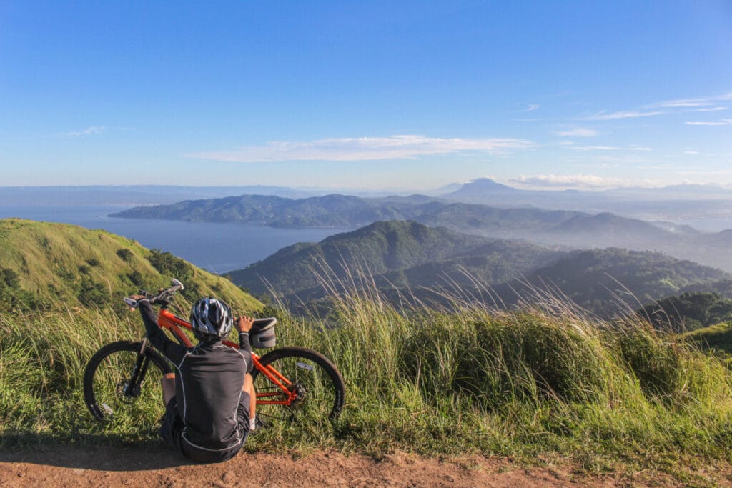 Ebike rider resting at top of hill