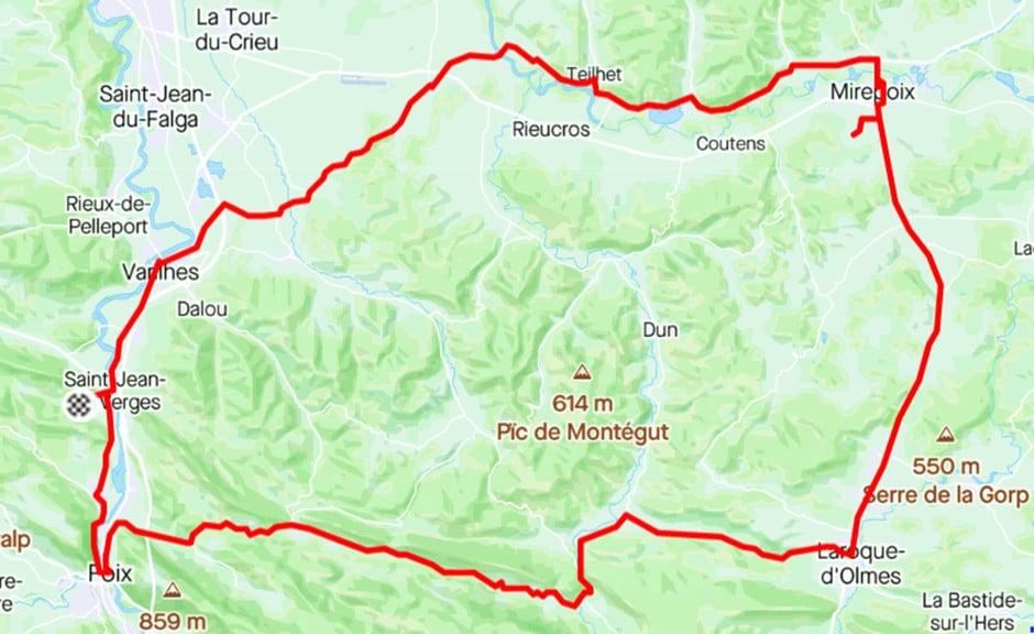 Sojourn to Mirepoix cycle route highlighted in red