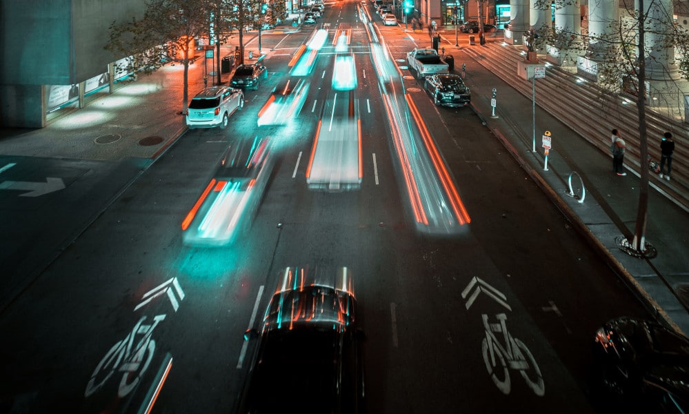 Main road in the evening with ebike lanes