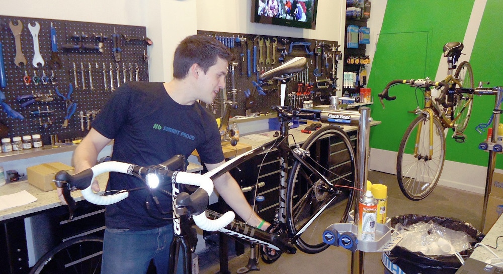 A bike mechanic at work.