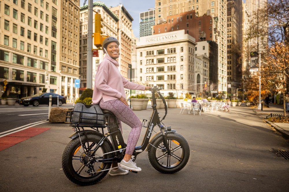 Girl on a folding electric bike